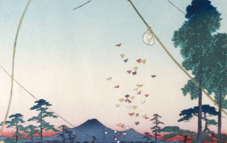 Utagawa Hiroshige II: Fukurio Kites in a Distant View of Akiba in Enshu Province