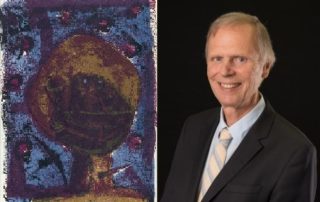 Dr. Jay Lutz and a print by artist Rufino Tamayo