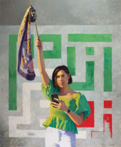 Melvin Toledo, Sara (Iran), 2023, Subtitle: Woman Life Freedom, oil on aluminum panel, 36"x44", Courtesy of the artist