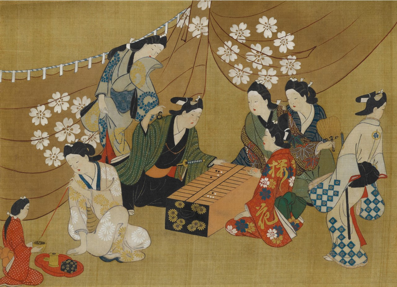 School of Hishikawa Moronobu, (Japanese,1618-1694), Attributed to Hishikawa Moroshige, Figures Playing Sugoroku (Backgammon), Edo period (1615-1868) ca. 1690-1695, Fragment of a hand scroll mounted as a hanging scroll, painted in ink, colors, and gold on silk, Acquired in memory of Professor Robert Steen, Professor of Japanese Languages Collection of Oglethorpe University Museum of Art (detail)
