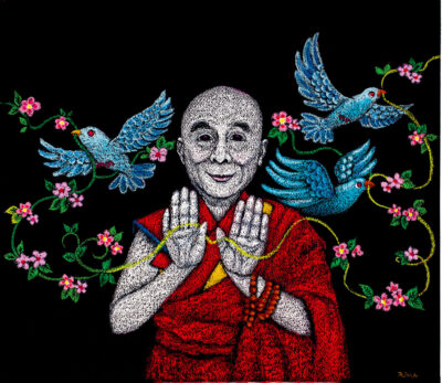 Rima Fujita, H. H. the 1th Dalai Lama - Spreading Love, mixed media on paper, 20" x 18", Courtesy of the Artist